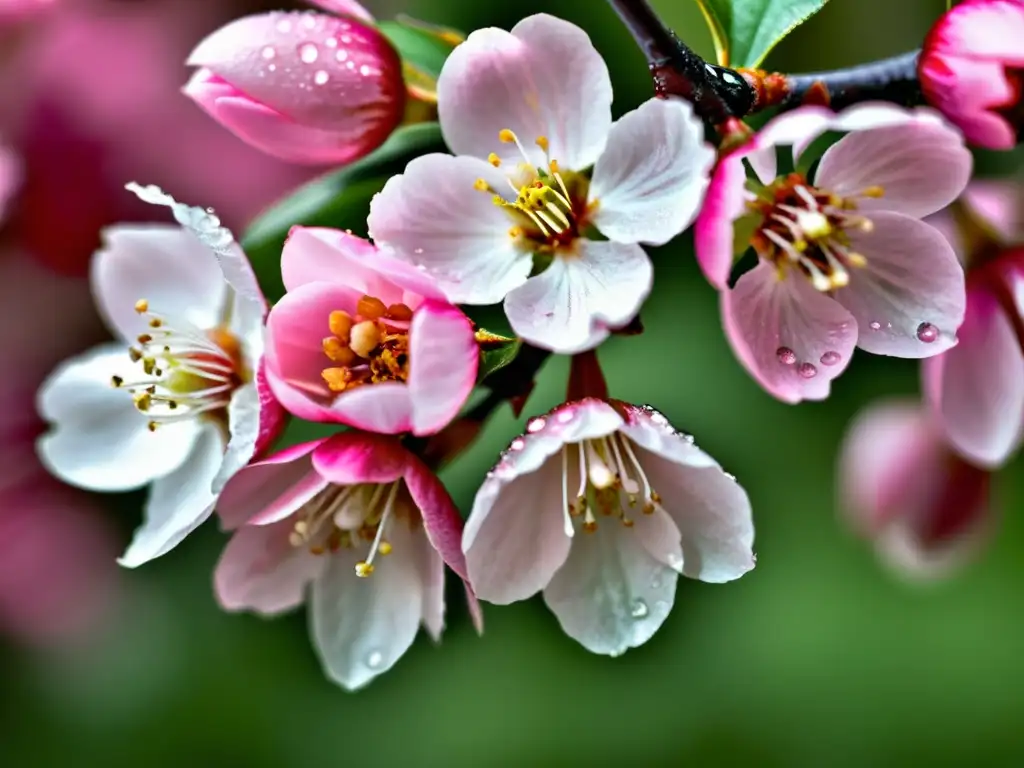 Detalle de una rama de cerezo en flor, con pétalos rosados y gotas de rocío