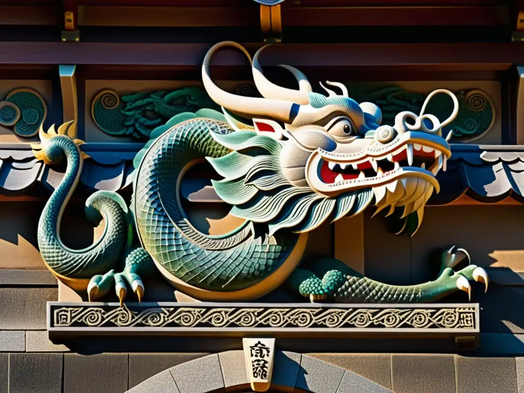 Detalle en relieve de un dragón asiático y pagoda en Horyuji, Japón