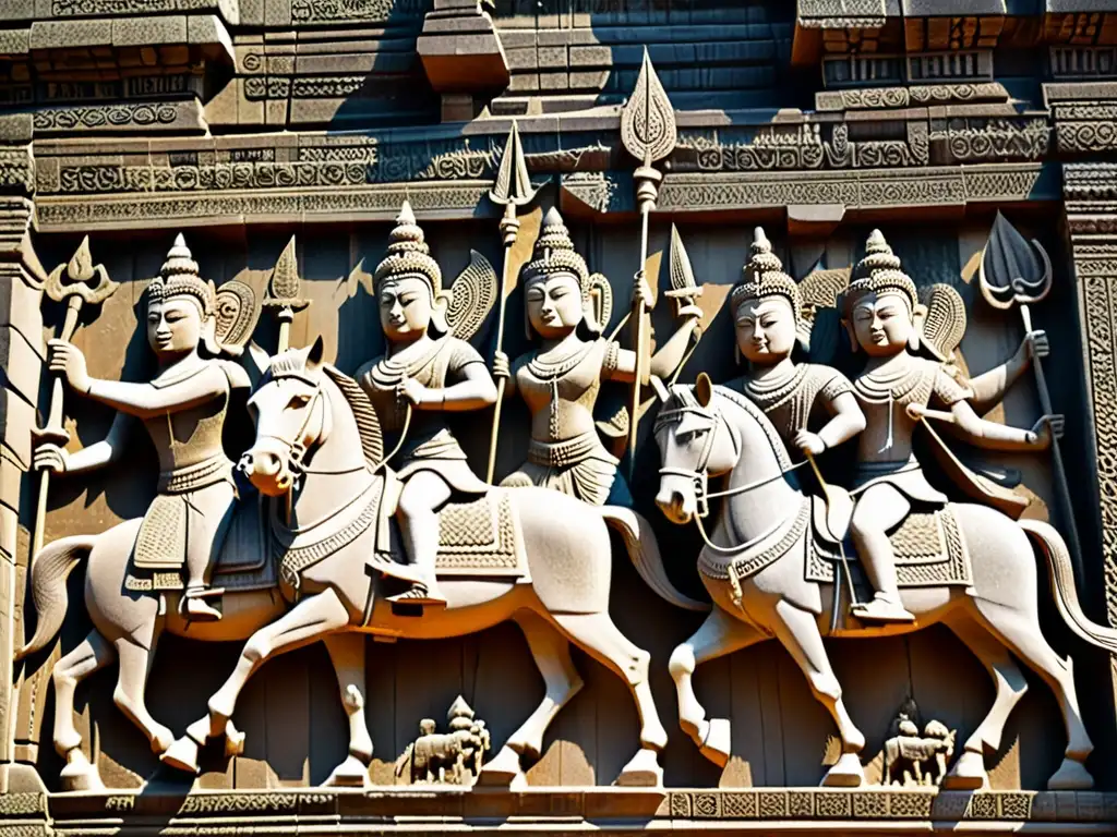 Detalle de un relieve de piedra en Angkor Wat, muestra una batalla con soldados a caballo