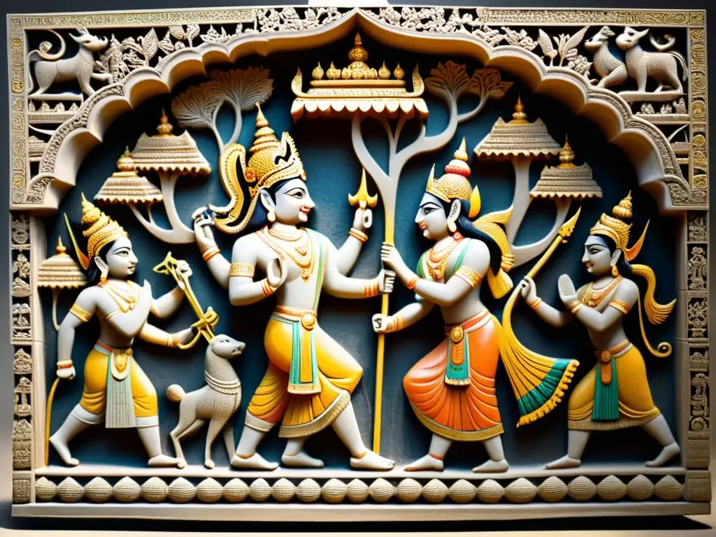 Detalle de relieve de piedra del Ramayana iluminado por suave luz, con ricos colores y finos detalles, en un entorno de museo