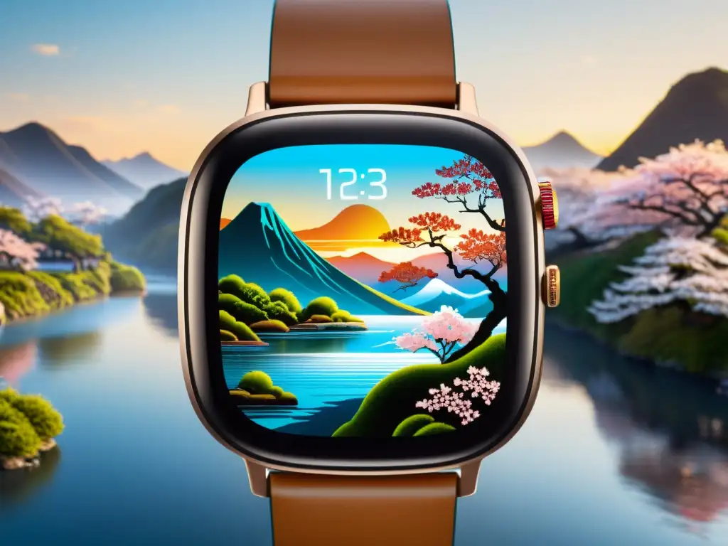 Detalle de reloj inteligente con diseño asiático, fusionando tecnología moderna con estética tradicional, mostrando paisaje oriental en la pantalla