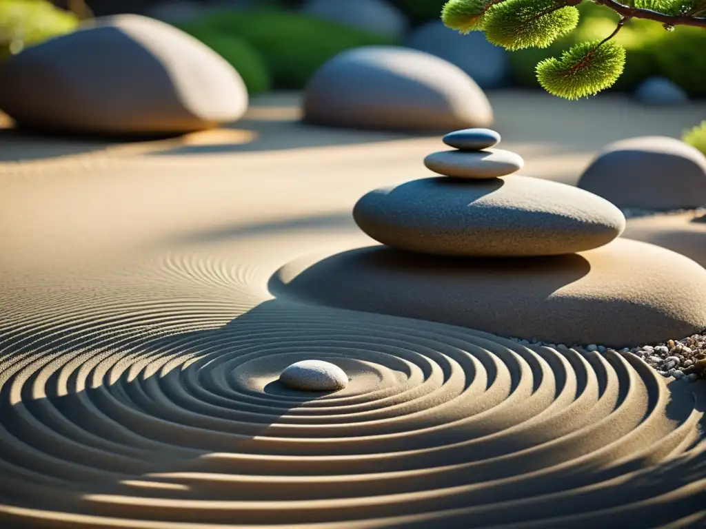 Detalle de jardín de rocas japonés que transmite armonía y serenidad, ideal para la Filosofía Zen en el cuidado de la piel