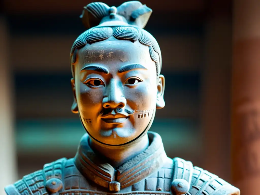 Detalle del rostro inmortal de un Guerrero de Terracota Qin, con armadura y expresión realista