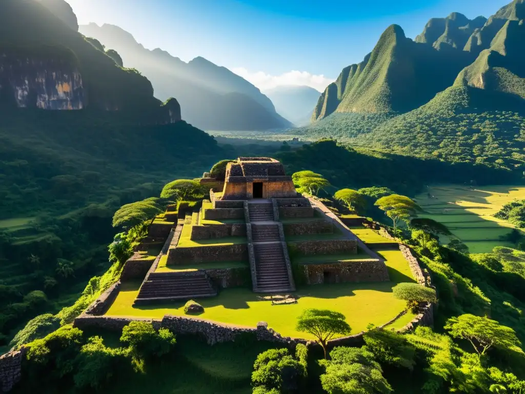 Detalle de las ruinas de la antigua ciudad en el Valle del Indo, con dramáticas sombras y exuberante vegetación