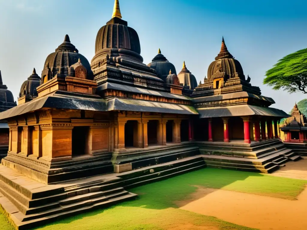 Detalle de las ruinas antiguas menos conocidas en Asia: Vihara budista de Paharpur, con intrincadas esculturas y juego de luz en piedra envejecida