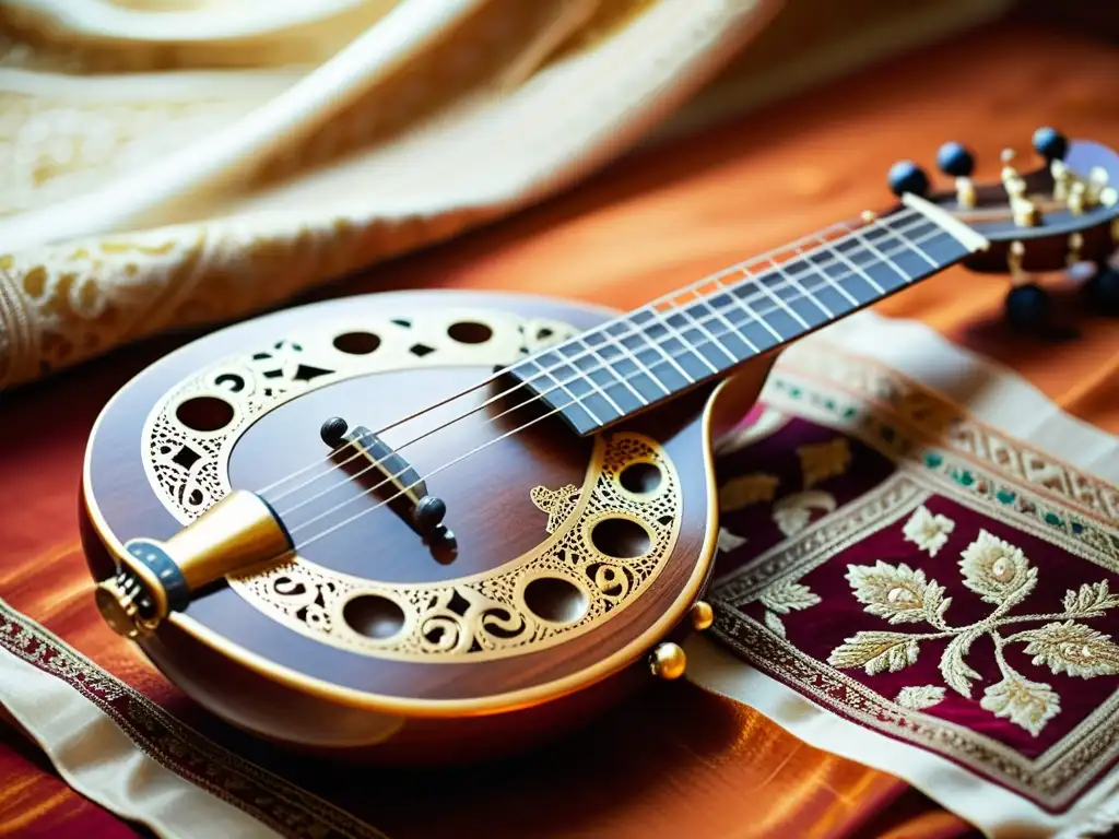 Detalle de un sitar sobre seda vibrante, destacando la influencia del Hinduismo en la música india