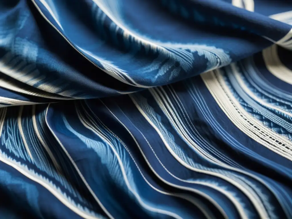 Detalle de tela Shibori japonesa en moda occidental, con patrones orgánicos en azul índigo, elegancia atemporal