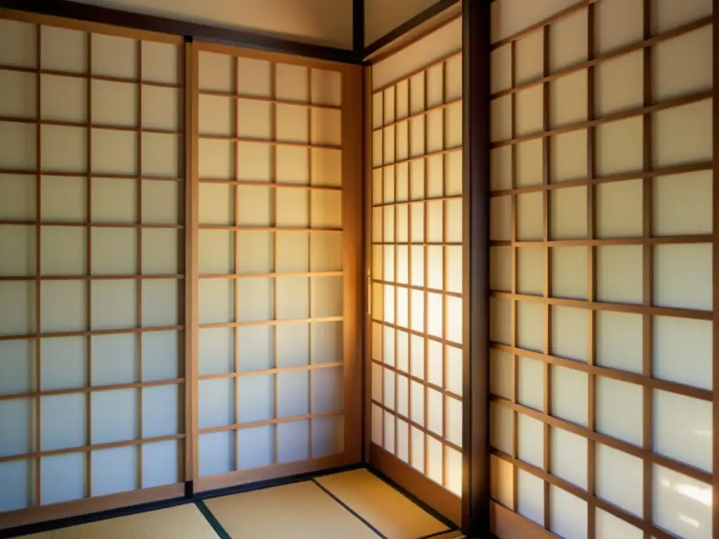 Detalle de un shoji japonés, con madera y papel de arroz, iluminado por luz natural