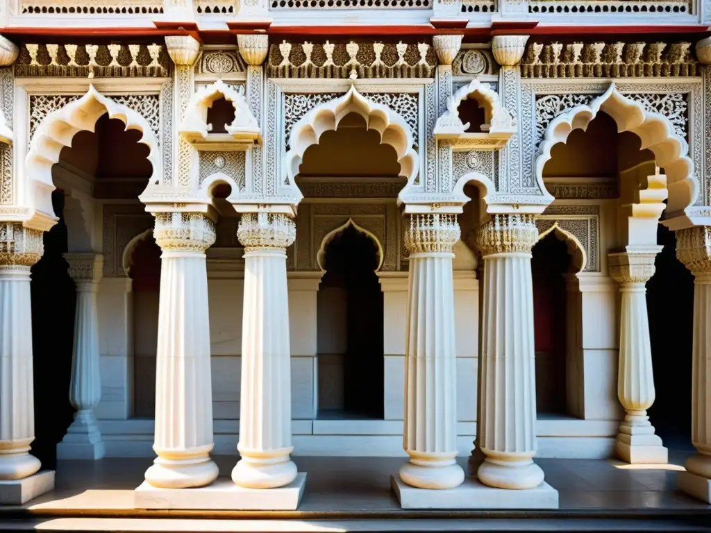 Detalle del simbolismo y arquitectura de templos jainistas en el exterior de los Templos Dilwara en Mount Abu, India