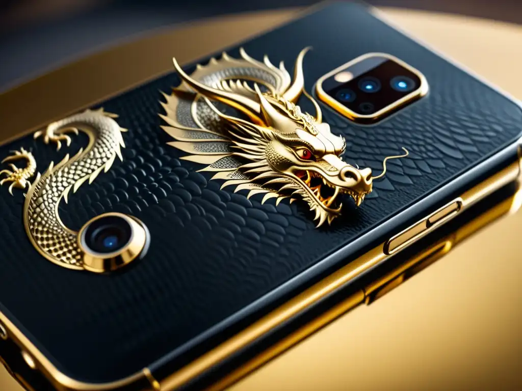 Detalle de smartphone edición especial con motivos de dragones en oro y plata, resaltando su artesanía y diseño único