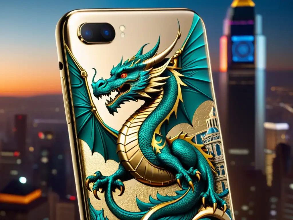 Detalle de smartphone con grabados de dragones, fusionando lo antiguo y lo moderno