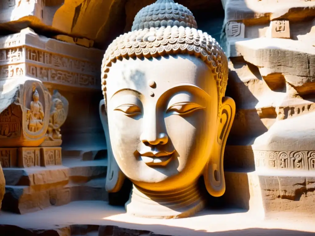 Detalle de una talla en piedra de una estatua de Buda en las Cuevas Sagradas Monjes Asia, mostrando una expresión serena y delicados detalles