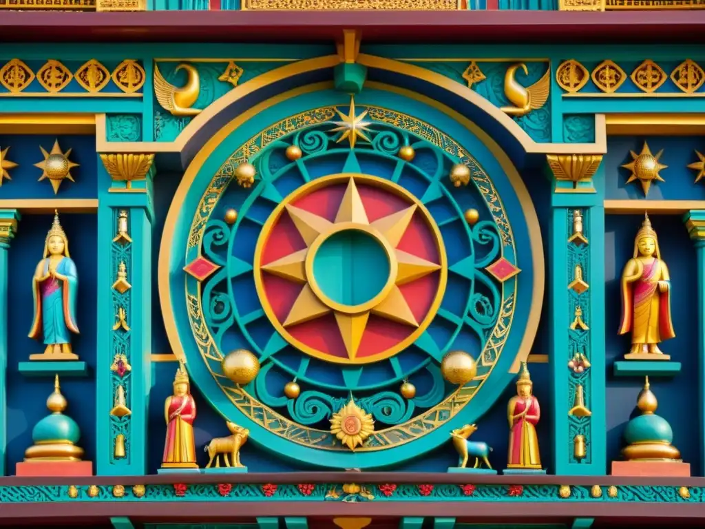 Detalle tallado de la fachada de un templo jainista, que muestra la Visión del Cosmos en el Jainismo con colores vibrantes y patrones intrincados