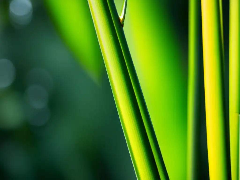 Detalle de un tallo de bambú con hojas verdes, luz solar filtrada y rocío matutino