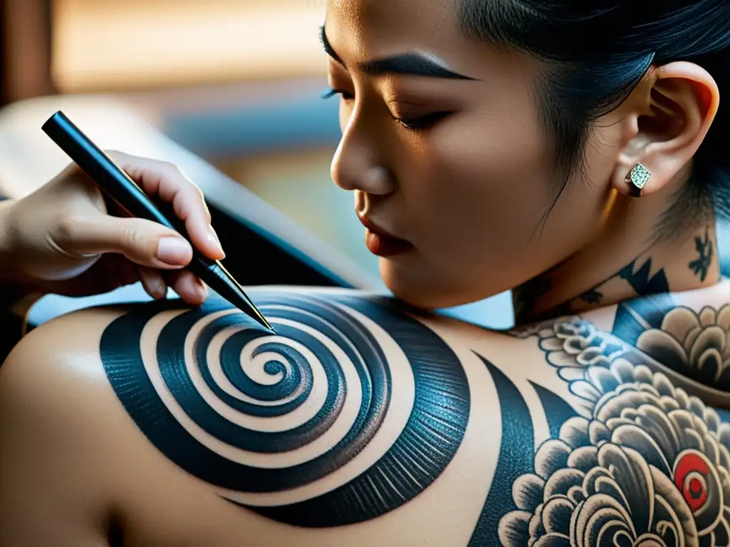 Detalle de tatuaje tradicional japonés con significado sagrado tribal asiático