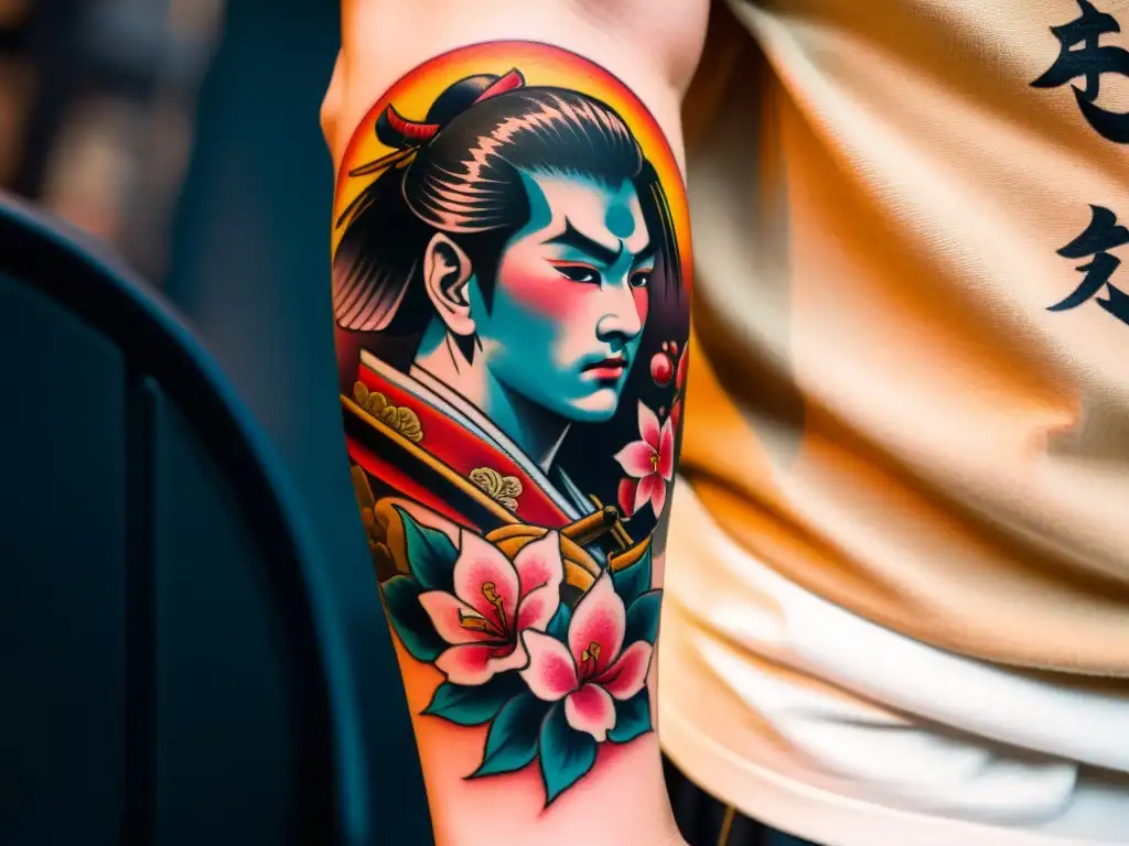 Detalle de tatuajes samuráis: flores de cerezo, carpas koi y kanji en antebrazo, con iluminación suave y fondo japonés