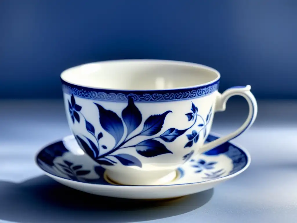 Detalle de taza de porcelana pintada a mano con diseño floral azul y blanco