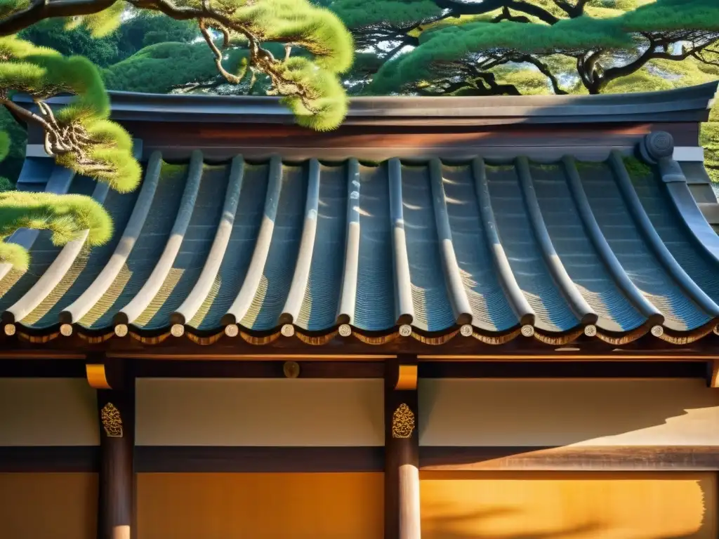 Detalles artísticos del techo de templo japonés Detalle de un techo de templo japonés, iluminado por el sol entre árboles, destacando las joyas del diseño asiático en madera envejecida