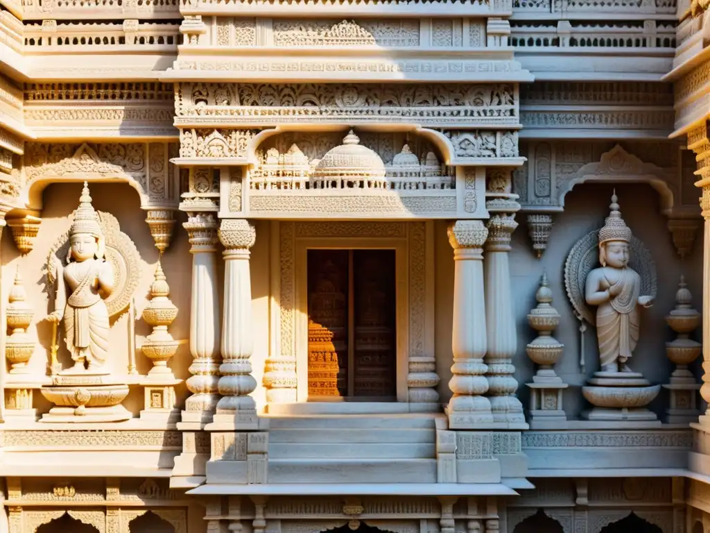 Detalle de un templo jainista esculpido en mármol blanco, exhibiendo intrincadas y ornamentadas tallas que narran la vida de Mahavira