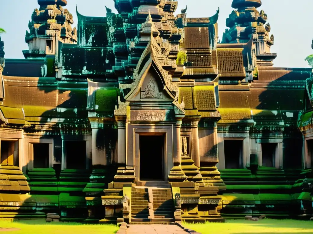 Detalle de los templos hindúes en Asia: Angkor Wat, con intrincada arquitectura y visitantes admirando la maravilla