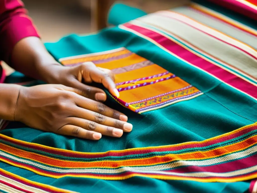 Detalle de un textil tradicional del Valle del Indo, tejido con colores vibrantes y patrones intrincados por un hábil artesano