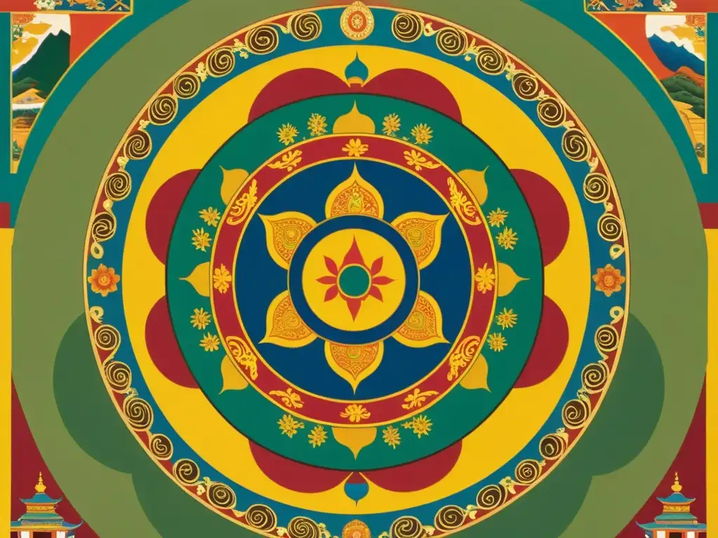 Detalle de un thangka tibetano tradicional representando el ciclo de vida en las enseñanzas budistas, con colores vibrantes y ricos detalles