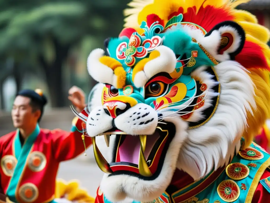 Detalle del traje de Danza del León estilo Kung Fu, con colores vibrantes y artesanía exquisita que refleja la rica tradición cultural y espiritual