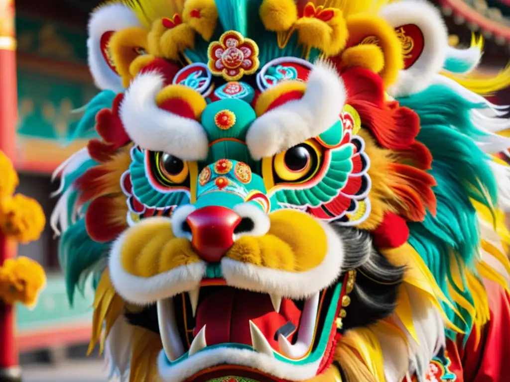 Detalle de traje de danza del león estilo Kung Fu, con vibrantes colores y bordados detallados, mostrando la artesanía y la tradición cultural