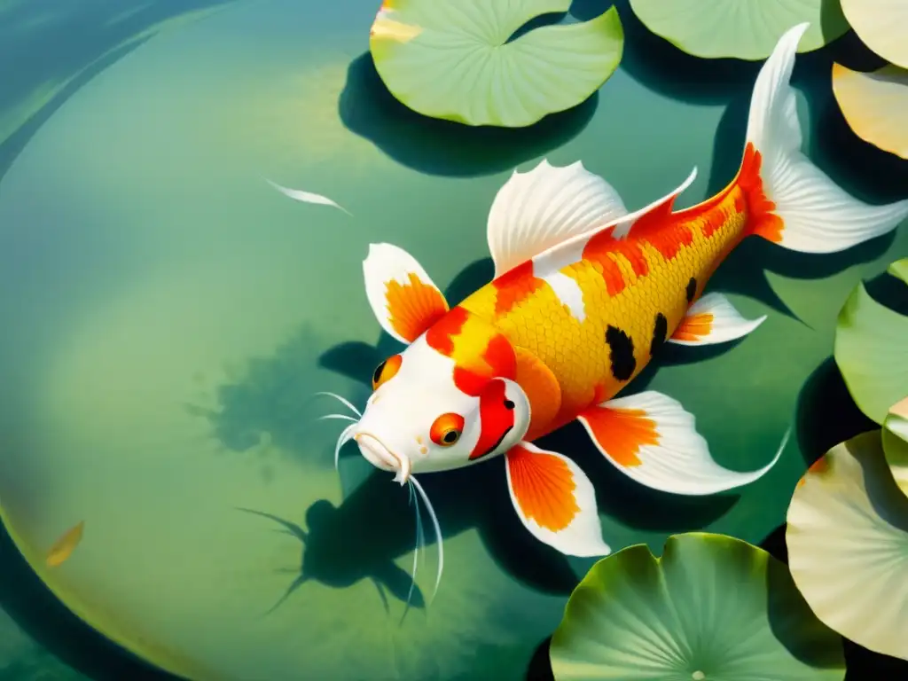 Detalle ultra realista de pintura japonesa: Koi nadando en estanque sereno, capturando su simbolismo en el arte japonés