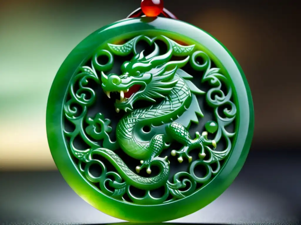 Detalle ultrarrealista de un colgante de jade chino con motivo de dragón, resaltando la artesanía y simbolismo de la joyería tradicional china