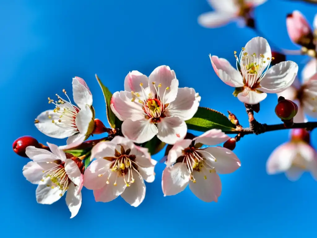 Detalle ultrarrealista de delicadas flores de cerezo en contraste con un cielo azul sereno