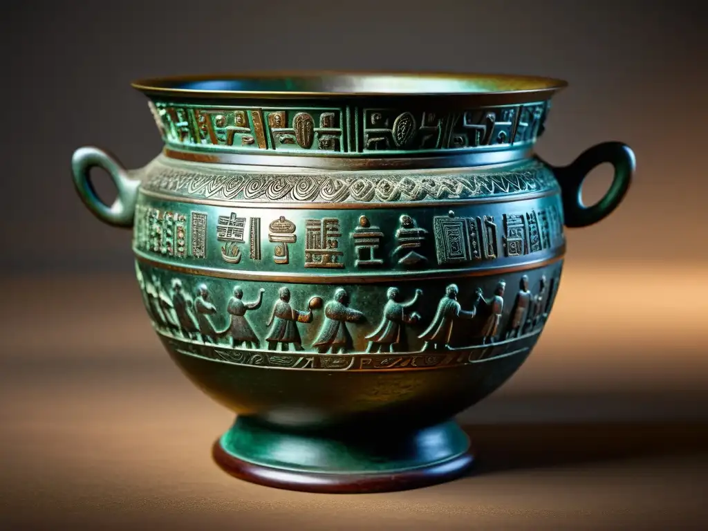 Detalle de un vaso ritual de bronce de la dinastía Zhou y Estados Combatientes, con inscripciones e intrincados motivos decorativos