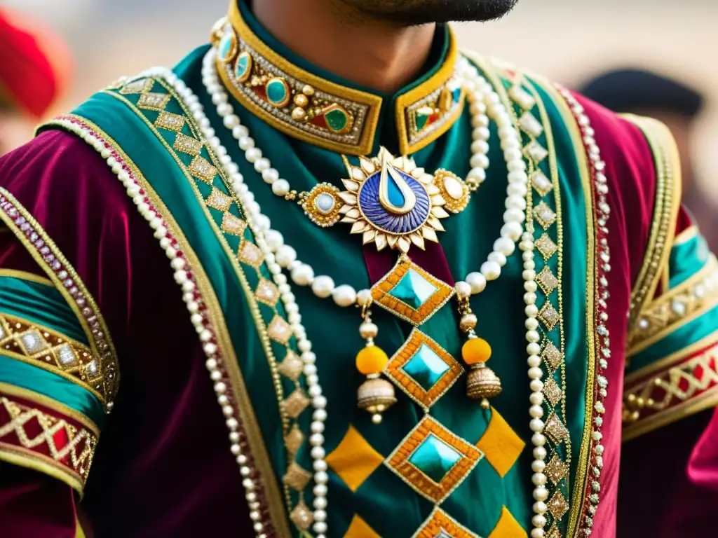 Detalle de la vestimenta ceremonial de guerreros Rajput India, con telas ricas y bordados intrincados en tonos joya, simbolizando valor y tradición