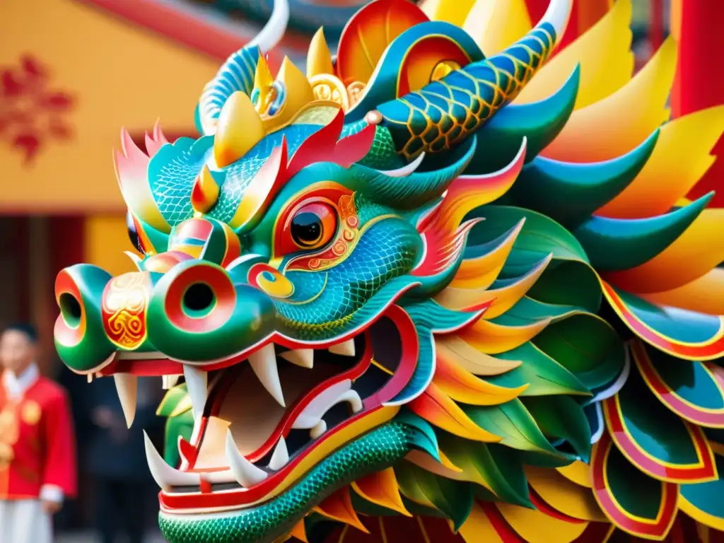 Detalle vibrante de una cabeza de dragón decorada para la danza tradicional china, resaltando festividades tradicionales chinas danza dragón