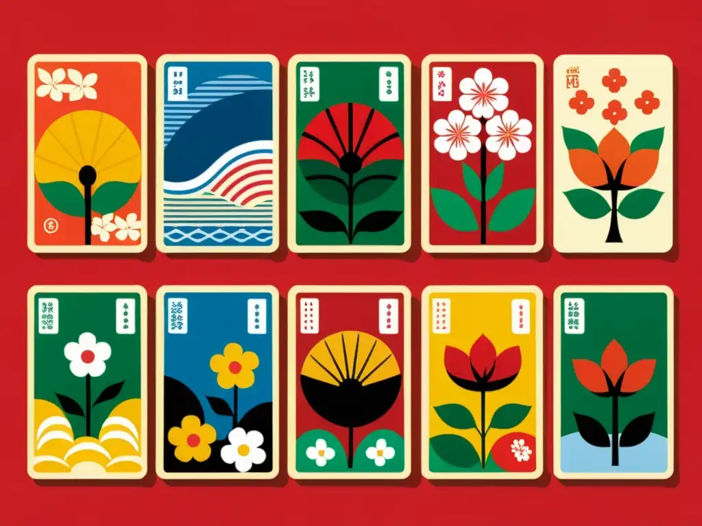 Detalle vibrante y detallado de un set de cartas Hanafuda, mostrando su diseño único y ornamental