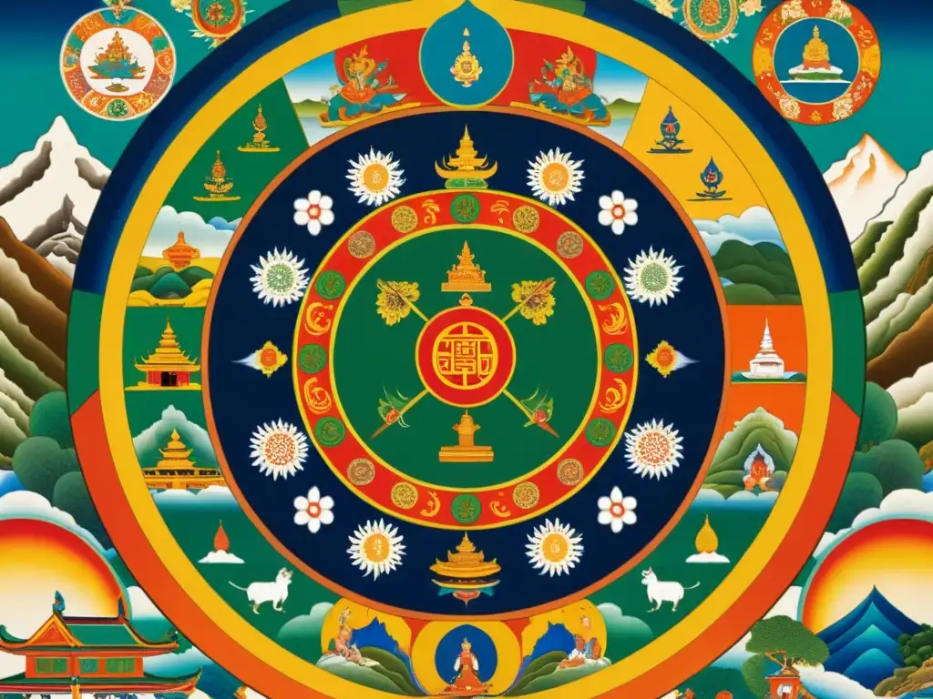 Detalle vibrante de pintura thangka tibetana que muestra la Rueda de la Vida con símbolos detallados y colores ricos