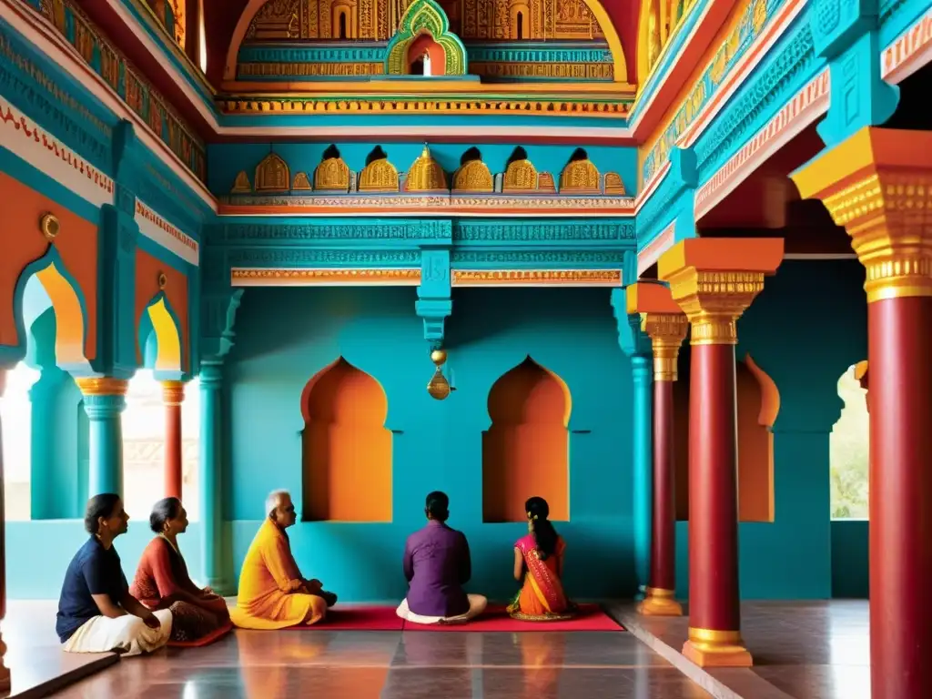 Detalle vibrante de un templo hindú con personas en oración, reflejando el significado del dios pequeñas cosas de Arundhati Roy