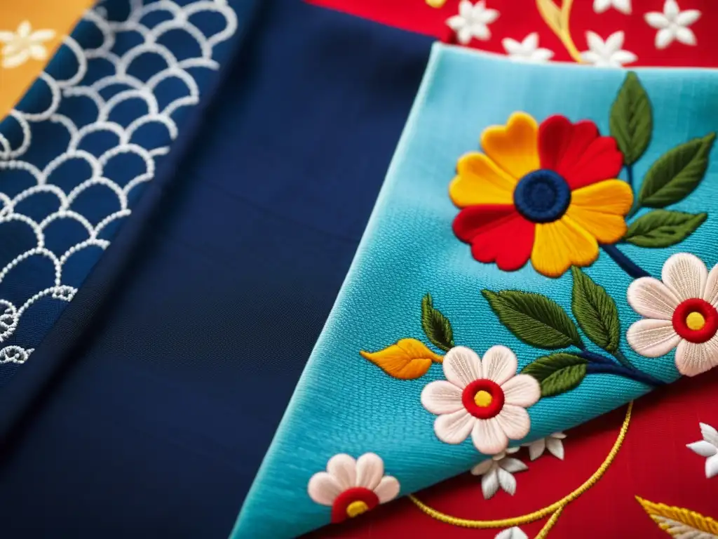 Detalle de un yukata: historia, arte y cultura, mostrando el intrincado bordado y los vibrantes colores de este símbolo cultural japonés