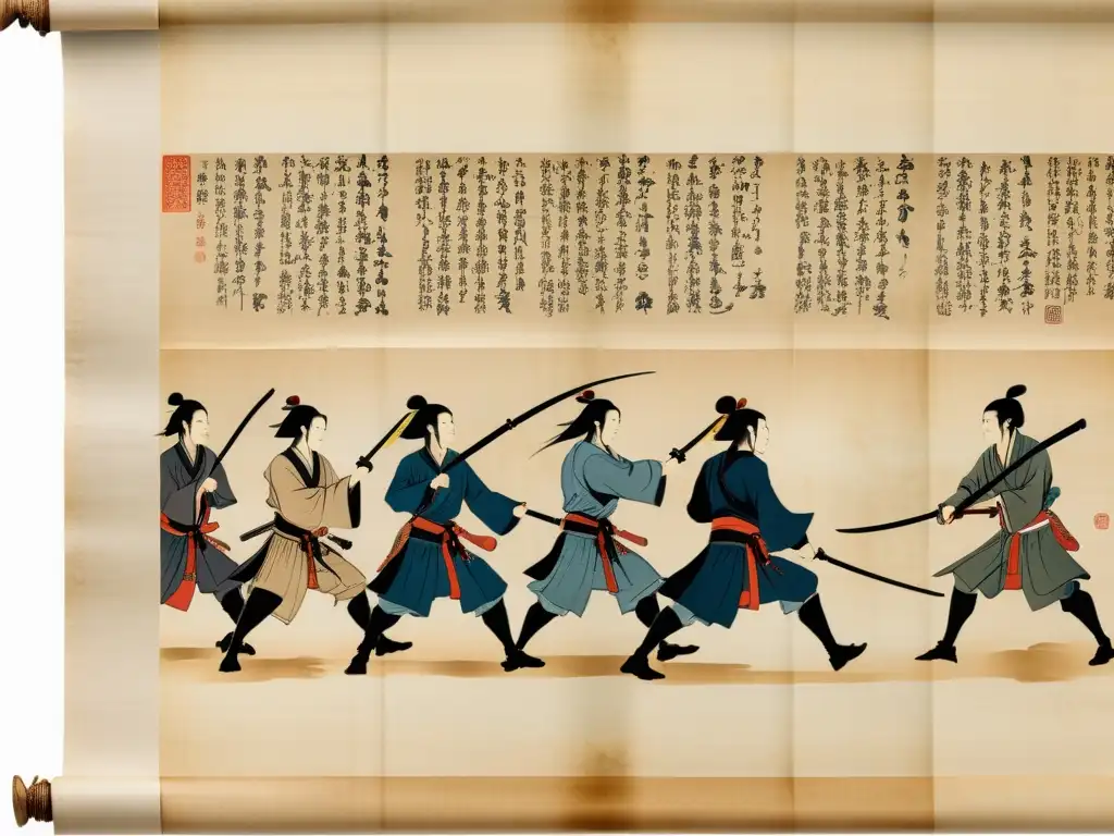 Detalles de antiguo pergamino con escritos y dibujos de batalla, revelando la estrategia y sabiduría del samurai Miyamoto Musashi