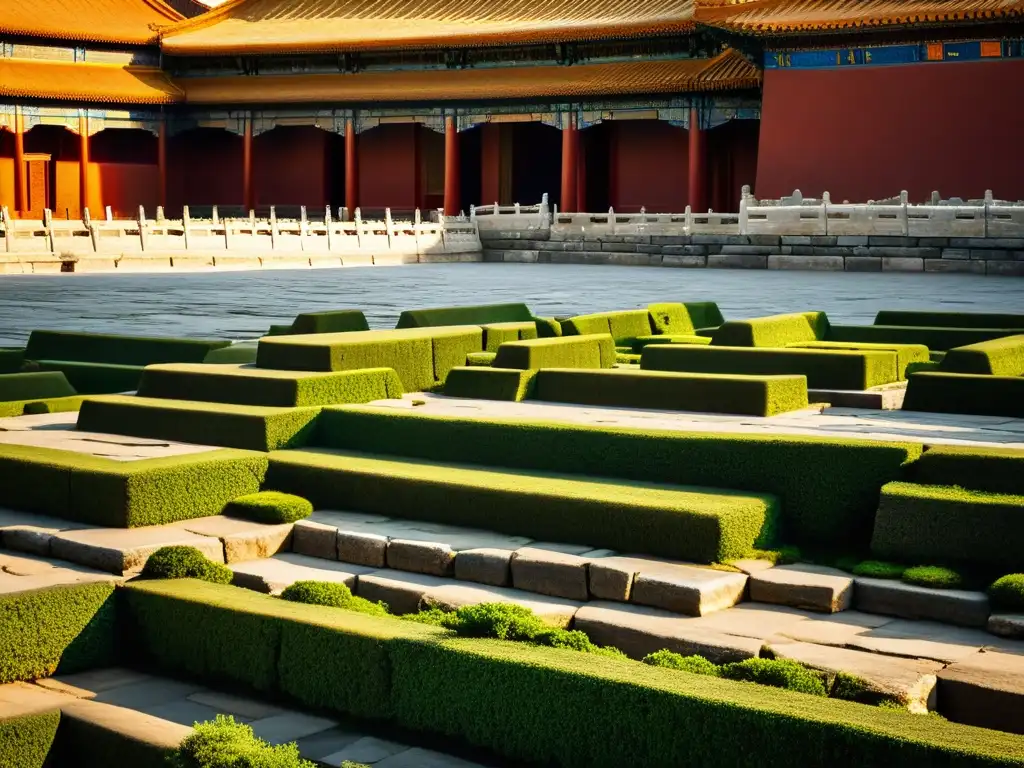 Detalles antiguos de la Ciudad Prohibida de Beijing: piedra tallada, texturas desgastadas y sombras dramáticas, evocando misterio y secretos