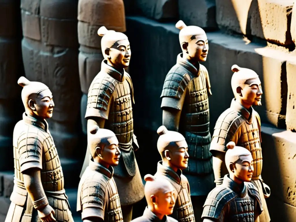 Detalles fascinantes de los misteriosos guerreros de terracota en China, con texturas y colores que evocan la grandeza histórica