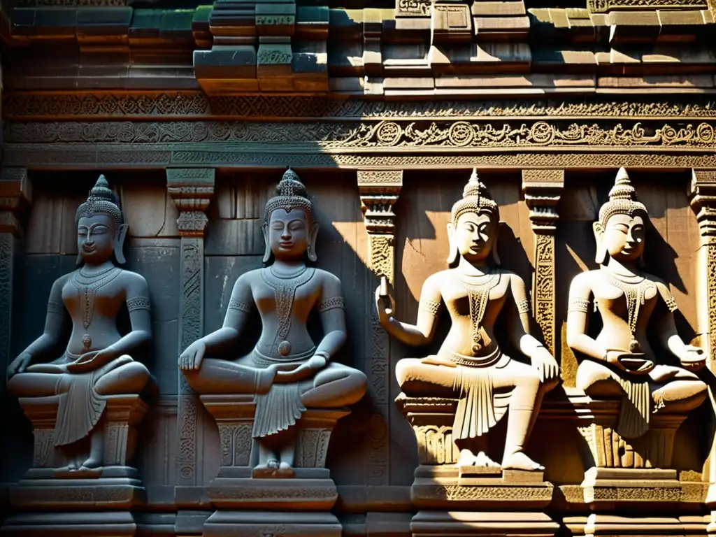 Detalles impresionantes de Angkor Wat, con la luz solar resaltando la artesanía exquisita y la importancia histórica del templo