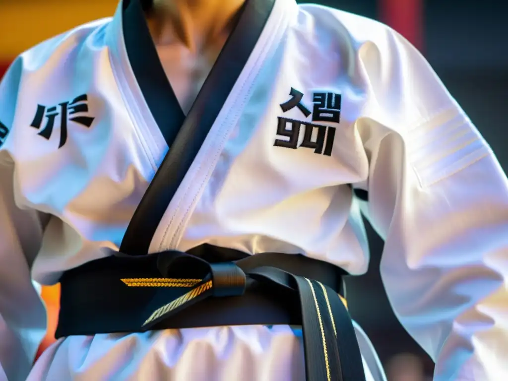 Detalles intrincados del dobok de taekwondo, con cinturón negro y bordados, evocando la trayectoria milenaria del taekwondo