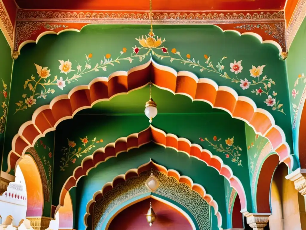 Detalles intrincados y frescos coloridos en el lujoso City Palace de Jaipur, India, reflejando la opulencia y la historia de los palacios reales de la India