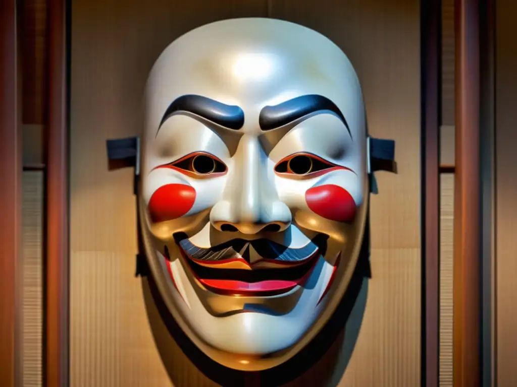 Detalles intrincados de una máscara teatral Noh japonesa, evocando la rica identidad cultural y tradiciones artísticas del cine asiático