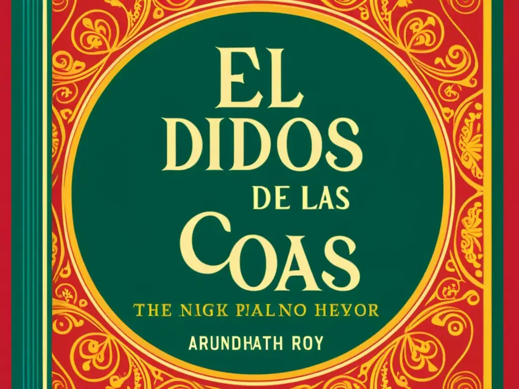 Detalles intrincados en la portada desgastada de 'El dios de las pequeñas cosas' por Arundhati Roy, evocando historia y significado