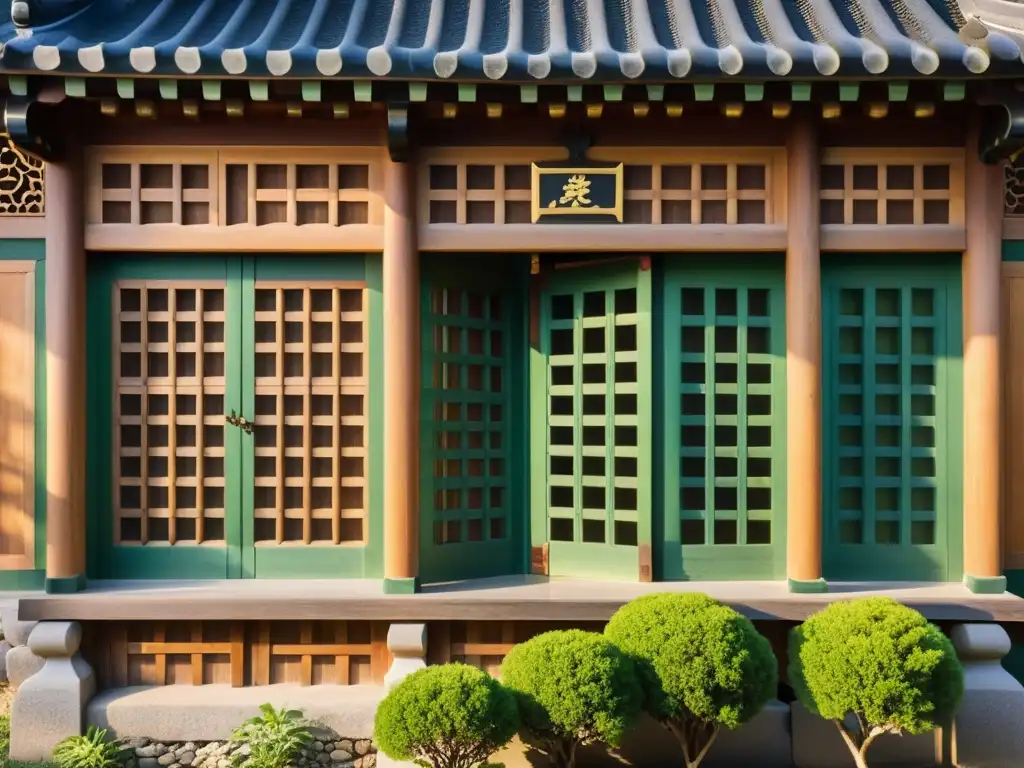 Detalles de madera en fachada de Hanok, resaltando la artesanía y belleza natural de alojamientos únicos historia coreana