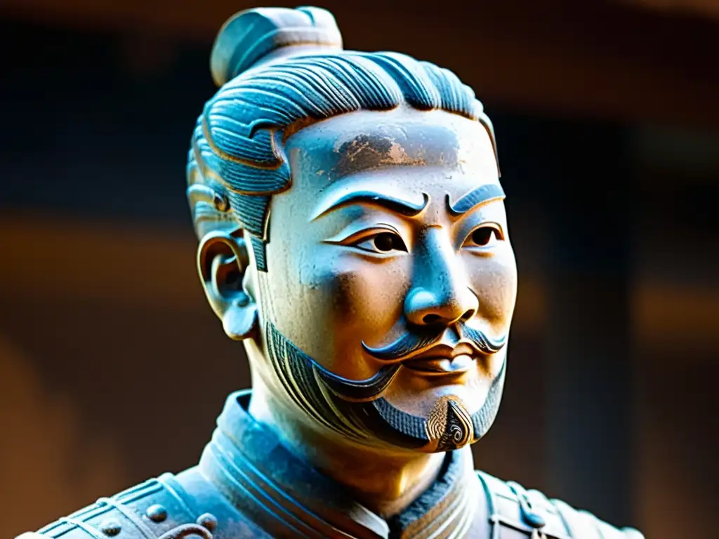 Detalles misteriosos en la cara de un guerrero de terracota chino, reflejando la artesanía y la historia de la dinastía Qin