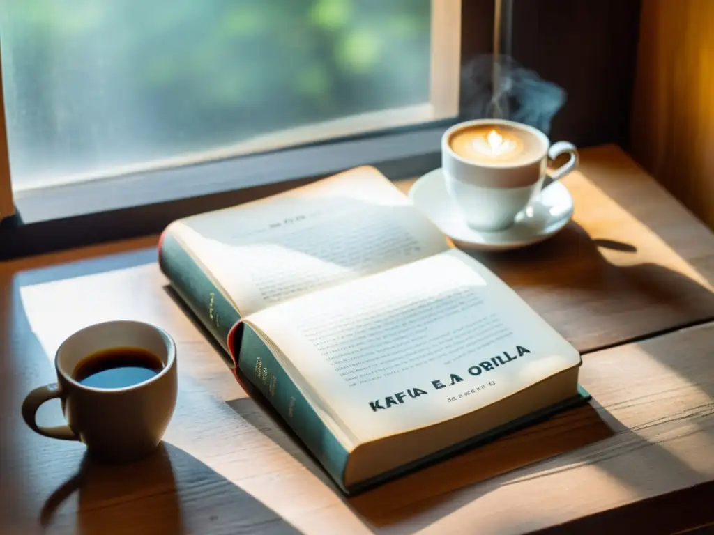 Kafka en la Orilla: Libro bienamado junto al café Detalles de Kafka en la Orilla: un libro desgastado y una taza de café humeante en un escritorio de madera, bañados por la suave luz de la mañana