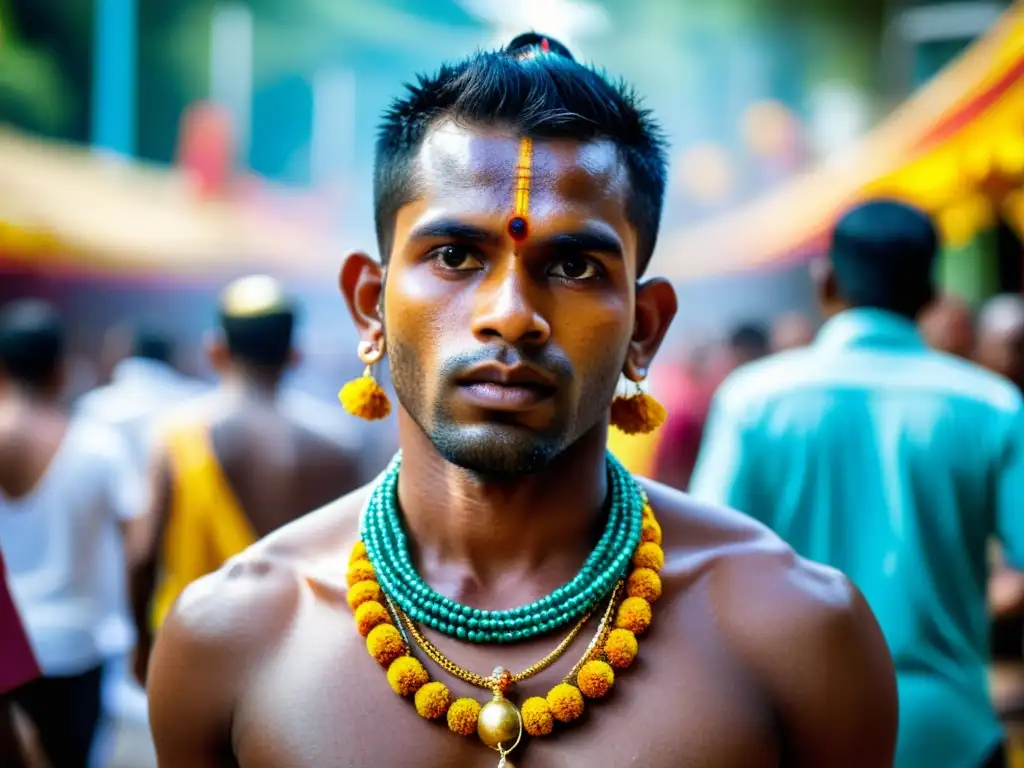 Devoto participando en el Festival de Thaipusam en Asia, mostrando intensa devoción y sacrificios físicos, con vibrante atmósfera festival